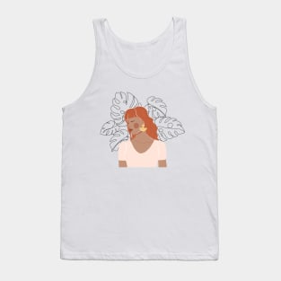 Contemporary fashion collage with abstract woman portrait and continuous monstera leaves. Mid century Silhouette. Tank Top